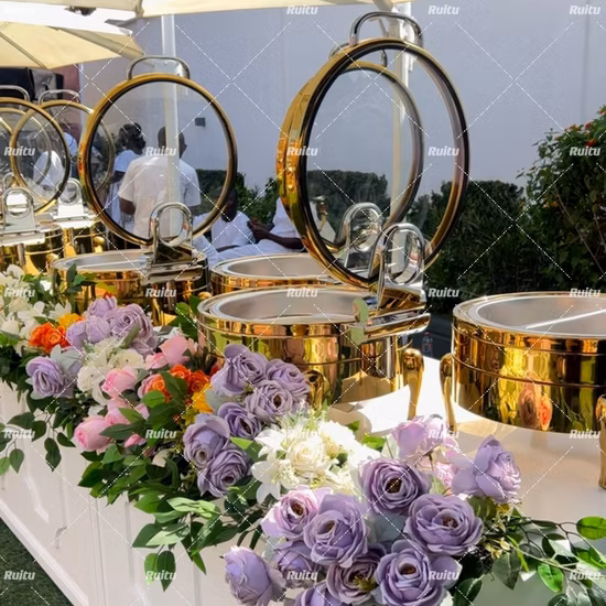 パーティーチェーフィングディッシュストーブ フードパン付き ハンマービュッフェセット クラムシェル 油圧フードウォーマー 燃料 電気加熱 ステンレス鋼 チェーファー 4L ブラック チェーフィングディッシュ